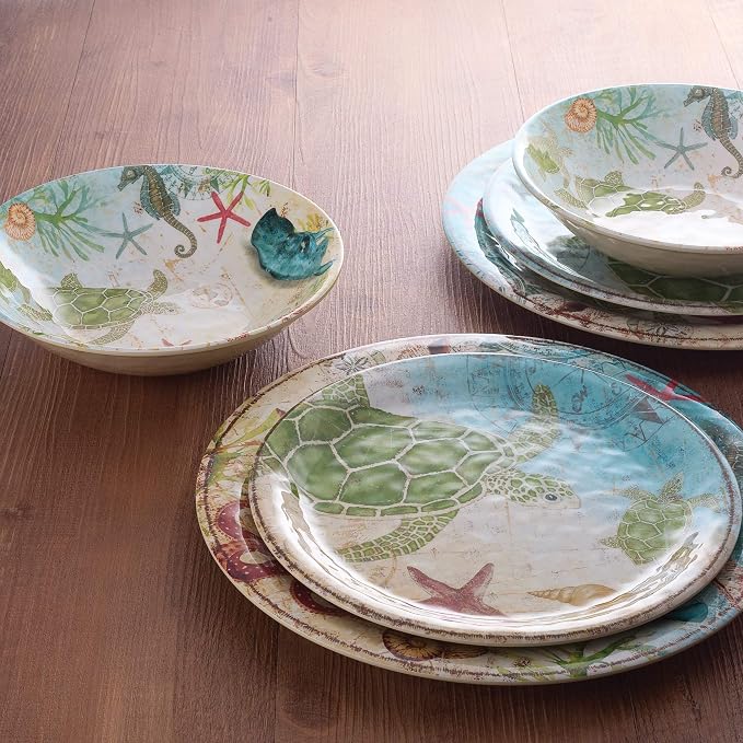 UPware 16 Piece Sea Turtle Melamine Dinnerware Sets, Outdoor Dishes Set, Plates and Bowls Sets, Service for 4, Multicolor