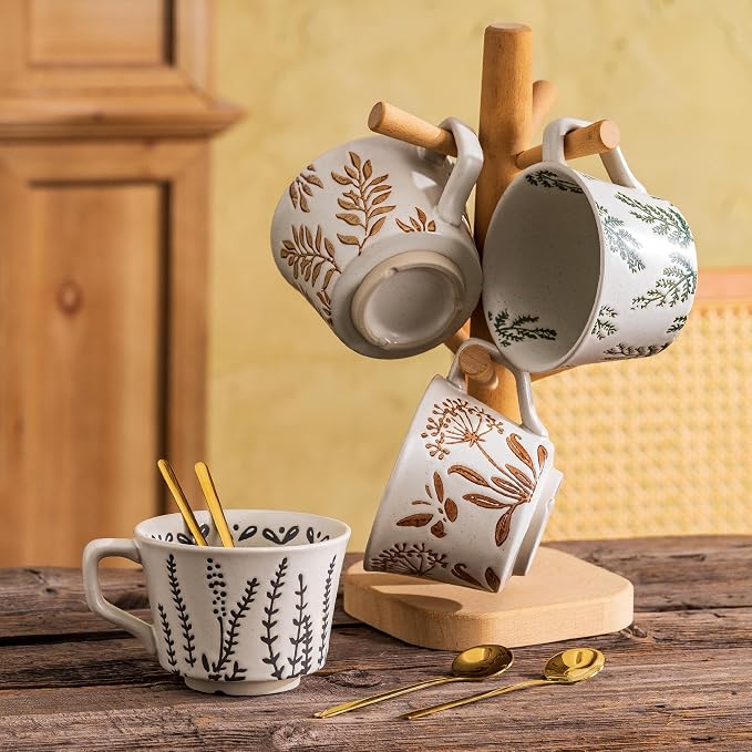 Ceramic Mugs 11oz and 2 Spoons, Coffee Cup Set of 2, 3D Carved Cup, Modern Coffee Mugs For Tea Latte Cappuccino Cocoa, Housewarming Wedding Gifts, Microwave Dishwasher Safe