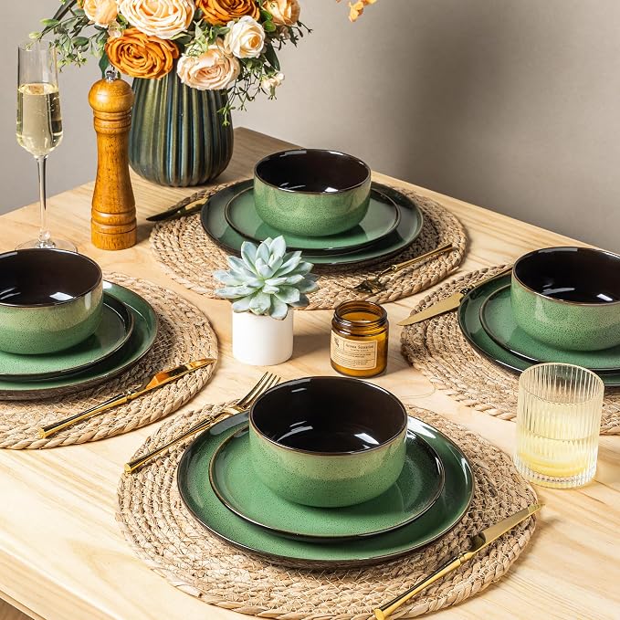 LeRatio Ceramic Dinnerware Sets for 6,Porcelain Plates and Bowls Sets,Handmade Reactive Glaze Dishes Set,Chip Resistant and Scratch Resistant | Oven&Dishwasher & Microwave Safe-Green(18PCS)