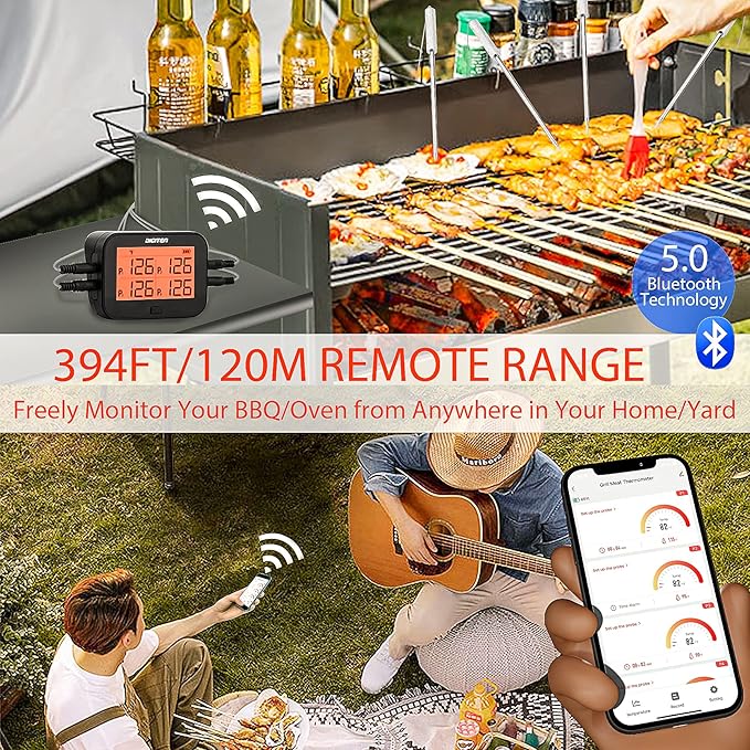 DIGITEN Bluetooth Grilling Thermometer Wireless Meat Thermometer with 4 Probes BBQ Thermometer Smoker Thermometer Instant Read Thermometer Smart Rechargeable Food Thermometer