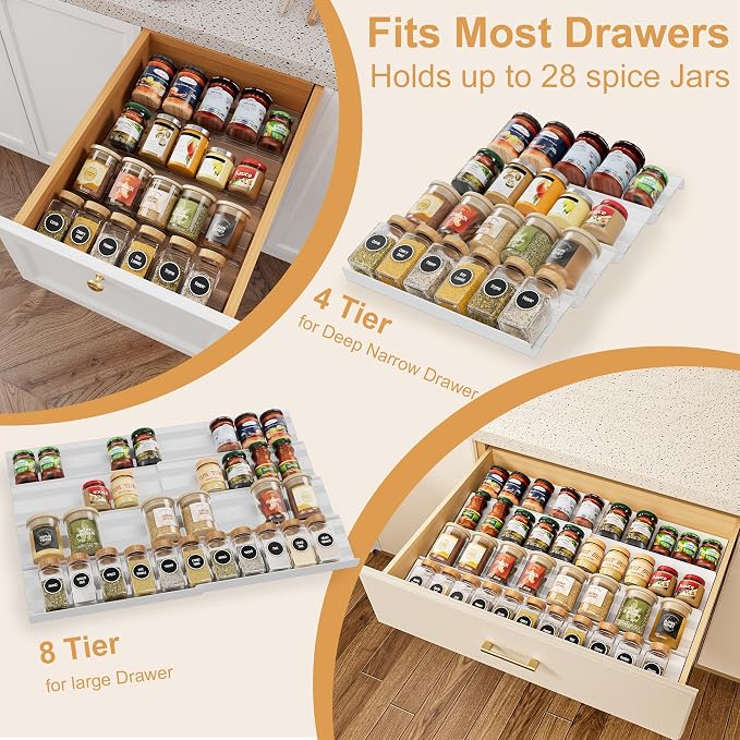 8-Pack Spice Rack for Drawer, Adjustable Seasoning Rack Tray, Expandable from 13" to 26", 2mm Acrylic, White, Kitchen Organizer and Storage (Jars Not Included)