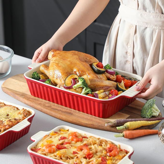 Bakeware Set of 4, MALACASA Porcelain Baking Pans Set for Oven, Casserole Dish, Ceramic Rectangular Baking Dish Lasagna Pans for Cooking Cake Pie Dinner Kitchen, Red (9.5"/11.25"/12.75"/14.5")