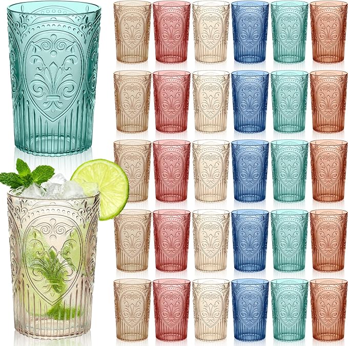48 Pcs 16 oz Plastic Vintage Drinking Glasses Stemless Ribbed Highball Glasses Bulk Embossed Reusable Cup for Water Beer Cocktails Juice Wedding Bridal Shower Birthday Event Party (Mixed)