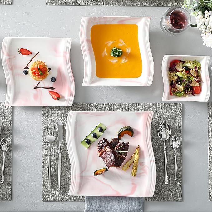 MALACASA Plates and Bowls Sets, 26 Pieces Pink Dinnerware Sets for 6, Porcelain Dinnerware Set with Dinner Plates and Bowls, Serving Platters, Square Dishware Sets, Modern Dish Set, Series Flora