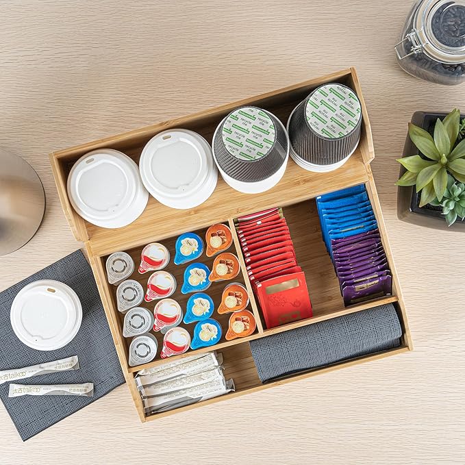 Restaurantware-15 x 14.25 x 9.25 Inch Coffee Condiment Organizer, 1 Countertop Tea Station Organizer - 3 Shelf, Heavy-Duty, Bamboo Coffee Bar Holder, For Breakrooms, Offices, or Homes,