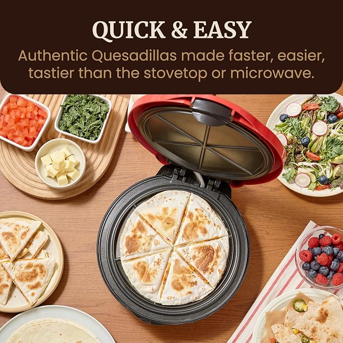 Elite Gourmet 10.65" Cheesy Quesadilla Maker, 2-Position Locking Latch For Extra Stuffing, Easy-Slice 6-Wedge, Red