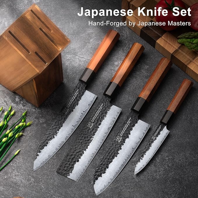 FAMCüTE Japanese Knife Block Set, Hand Forged 5-Layer 9CR18MOV Clad Steel Ultra Sharp Kitchen Knives with Wooden Storage & Rosewood Handle, Includes Chef, Santoku, Nakiri, Fruit Knife for Home Mom/Dad | Hand Forged 5-Layer 9CR18MOV Clad Steel Chef Kniv...