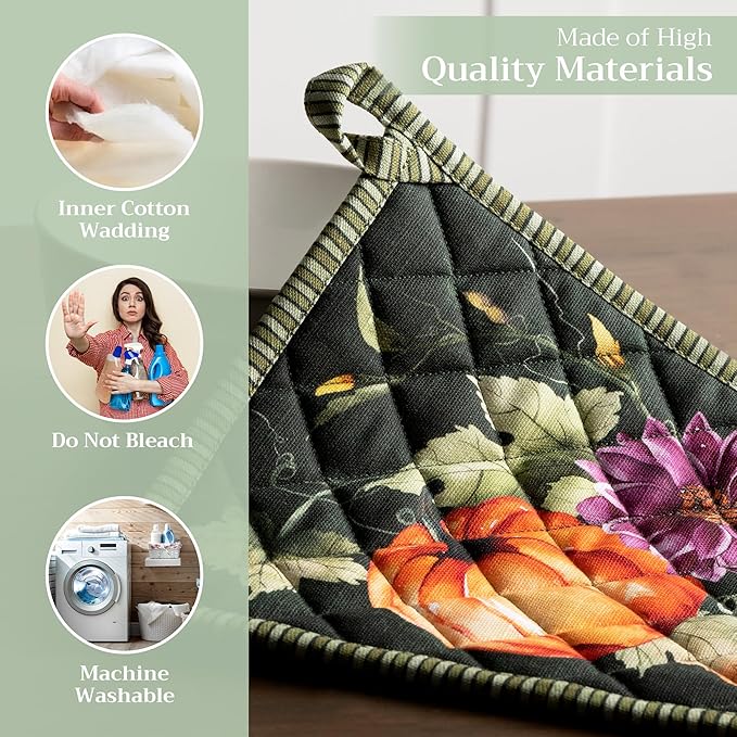 Maison d' Hermine Pot Holders 100% Cotton Heat Resistant Potholders 8" x 8" Hot Pads with Loop for Thanksgiving Christmas Decorations Baking Handling Hot Pans (Pack of 1, Pumpkin Garden - Dark Green)
