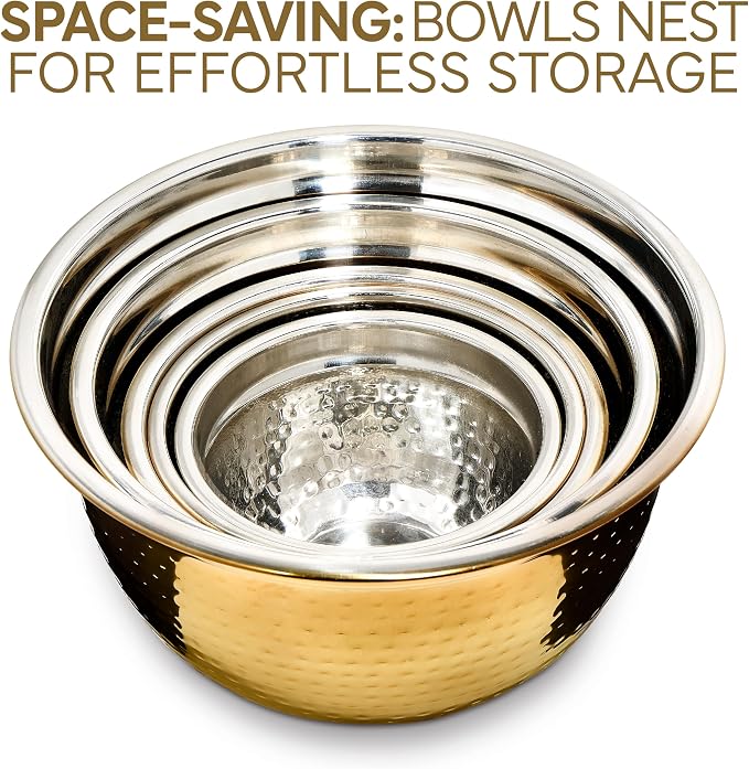 COOK WITH COLOR 18 Piece Mixing Bowls Set with Airtight Lids, Handcrafted Stainless Steel Bowls, Food Storage Containers, Meal Prep, Nesting Salad Bowls For Cooking, Baking, Kitchen, Gold- Hammered