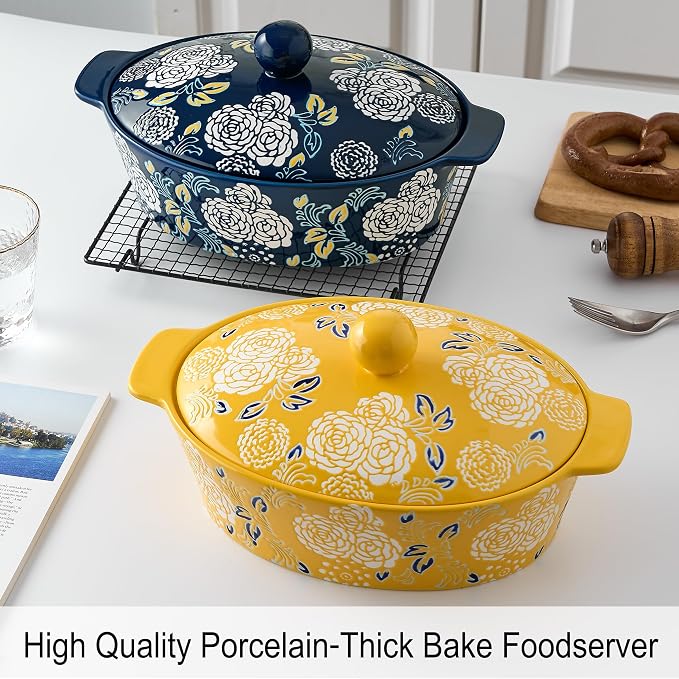 Ceramic Casserole Dish With Lid, Casserole Dishes for Oven, Baking Dish Lasagna Pans For Cooking, Oval Baking Pan, Dutch Oven, Perfect for Bread Baking and Serving, Housewarming, Thanksgiving - Blue