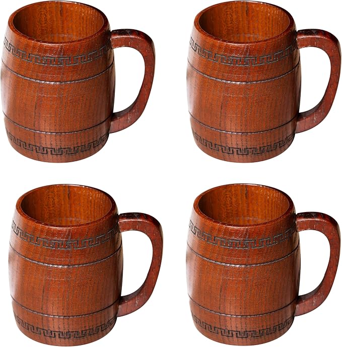 Wooden Beer Mug for Man Woman - 4 pcs Vintage Beer Viking Stein Cups, 12 oz Handmade Wood Camping Barrel Gift for Dad Friend Family Drink Coffee Tea