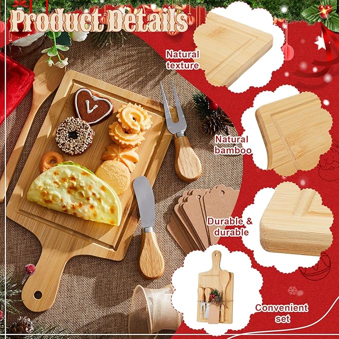 Acellegic 6 Sets Christmas Cheese Cutting Board Gift Set, Bamboo Charcuterie Board with Fork Spoon Knives Towels Bags Tags Ribbon Christmas Kitchen Gifts for Bridal Baby Shower Housewarming Party