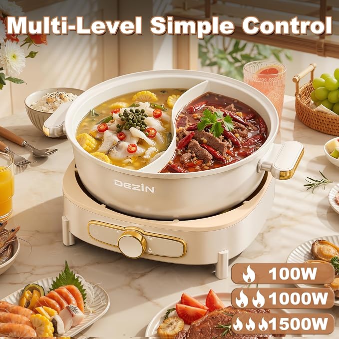 Dezin Hot Pot Electric with Divider, 6L Double-Flavor Shabu Shabu Pot, Dual Sided Removable Non-Stick Hotpot Pot Electric, 3" Depth Chinese Hot Pot with Multi-Power Control, Silicone Ladles Included