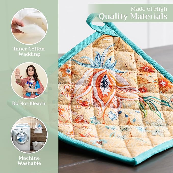 Maison d' Hermine Pot Holders 100% Cotton Heat Resistant Potholders 8" x 8" Hot Pads with Loop BBQ Baking Gifts for Mothers Day Handling Hot Pans Spring/Summer (Pack of 1, Luxury Loft - Peach)