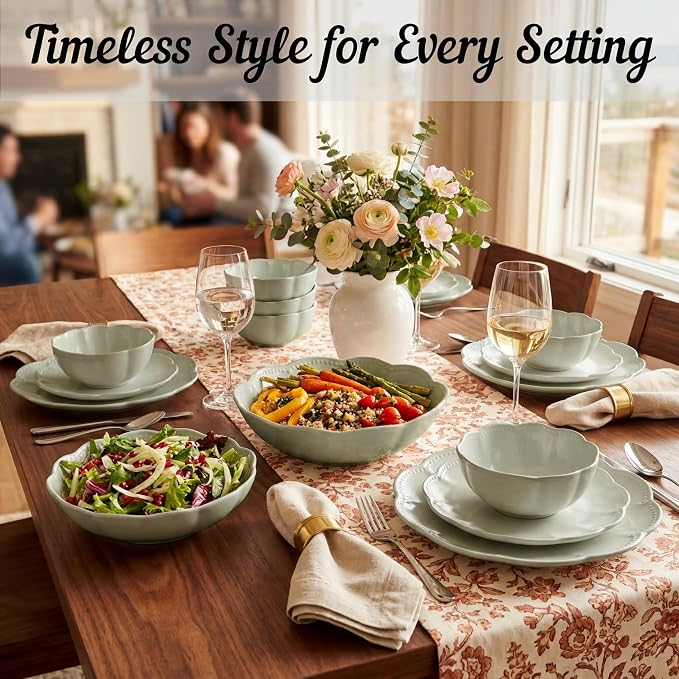 Sango 12 Pieces Scalloped Dinnerware Set, Sage Green Dishes for 4, Premium Serving Plates & Bowls Sets, Chip Resistant, Ceramic Dishware, Kitchen Dish, Microwave & Dishwasher Safe, Bethany