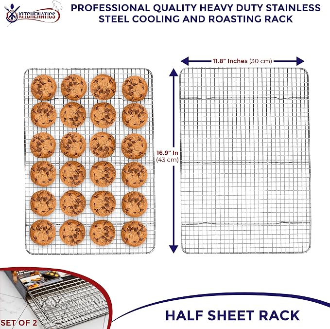 KITCHENATICS Half Sheet Cooling Rack Stainless Steel Oven Safe Set of 2 | Fits standard 13x18 half sheet pans for oven roasting, broiling, grilling, drying and baking sheet cooling
