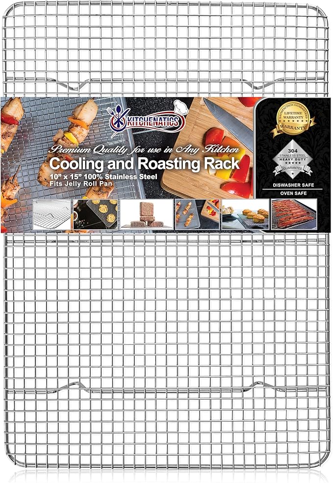 KITCHENATICS Jelly Roll Cooling Rack Stainless Steel Oven Safe 10x15 Inches | Fits a standard 10x15 jelly roll pan for grilling, broiling and draining grease while cooking