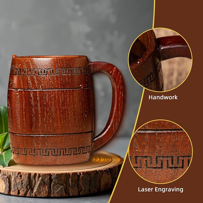 Wooden Beer Mug for Man Woman - 4 pcs Vintage Beer Viking Stein Cups, 12 oz Handmade Wood Camping Barrel Gift for Dad Friend Family Drink Coffee Tea