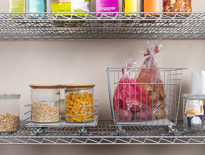 Household Essentials Glidez Steel Pull-Out/Slide-Out Storage Organizer with Plastic Liner for Under Cabinet or Wire Shelf Use - Produce Bin Design - Fits Standard Size Cabinet or Shelf, Brushed Silver