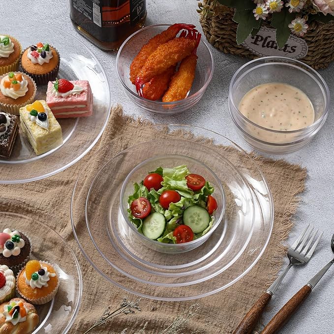 Havawish 12 Pcs Glass Dinnerware Set Sleek Round Clear Glass Plate and Bowl Sets for Dessert, Salad, Fruit, Dishwasher, Microwave Safe Kitchen Dining