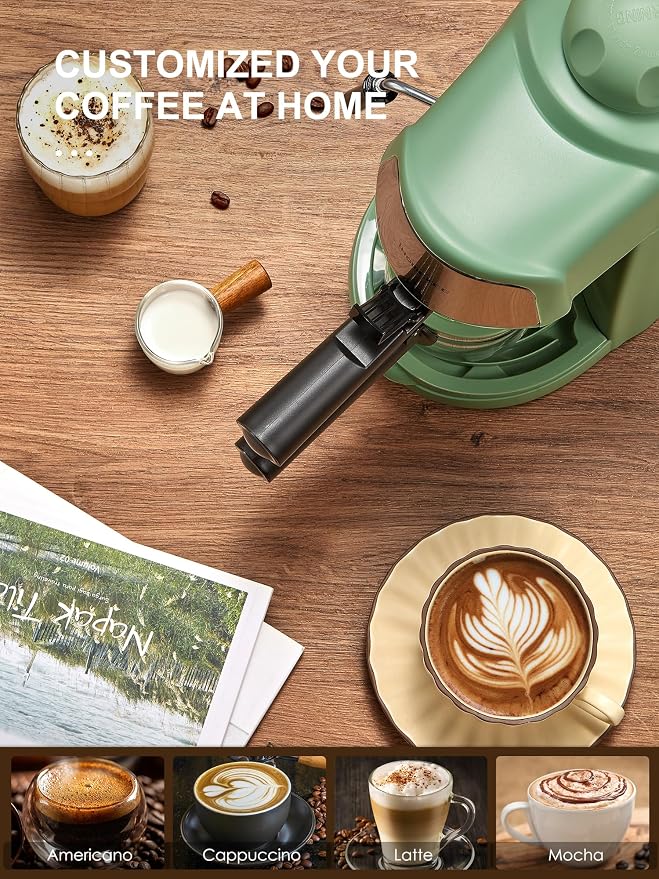 Ihomekee Espresso Machine, 3.5Bar Espresso and Cappuccino Machine with Preheating Function, 4 Cup Coffee Maker with Milk Frothing Function and Steam Wand (Green), CM6810