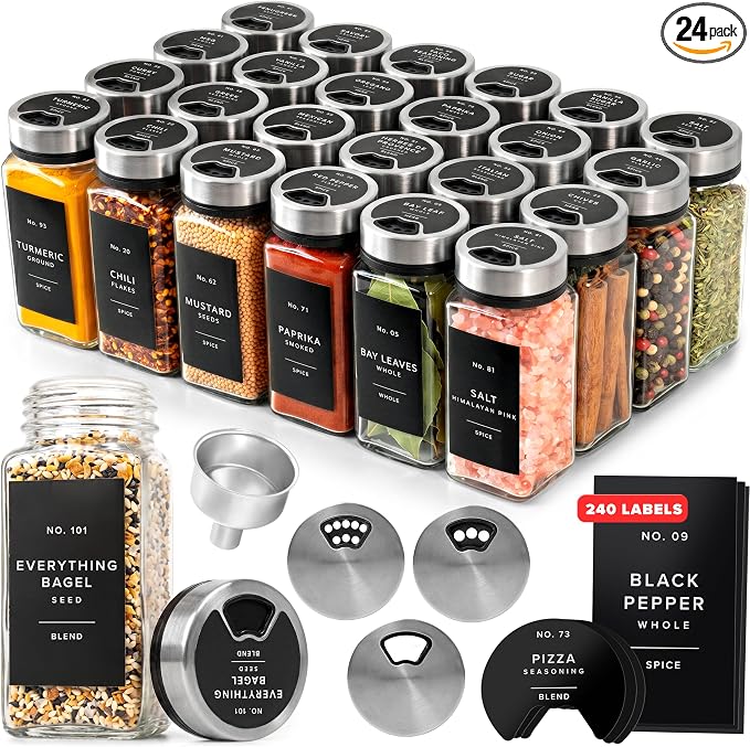 EDELHAUS Glass Spice Jars with Label and Silver Rotating Lids (24 x 4oz) Spice Containers with 240 Labels, Shaker Inserts, Steel Funnel, Empty Square Containers