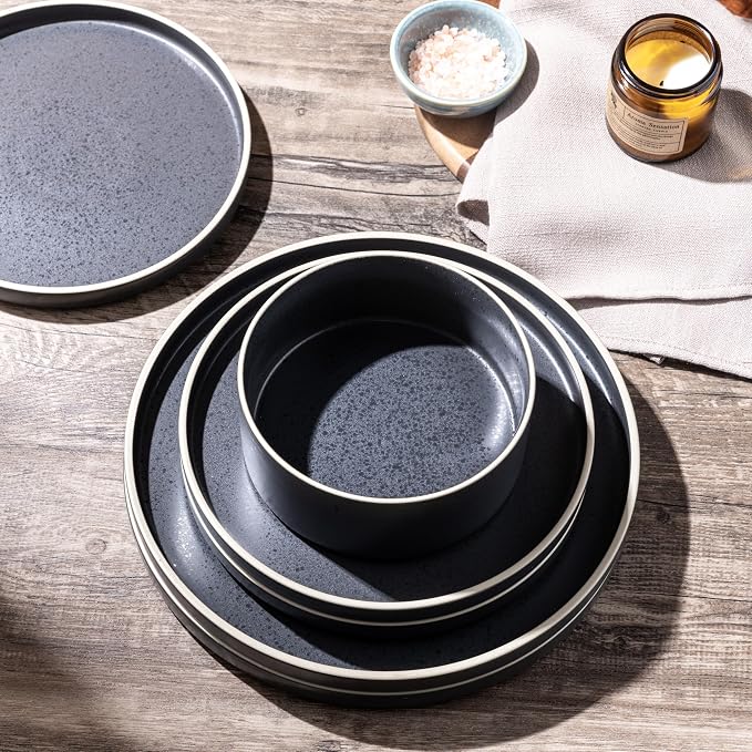 LERATIO Ceramic Dinnerware Sets for 6, High Edge Stoneware Plates and Bowls Set, Chip and Crack Resistant | Oven & Dishwasher & Microwave Safe Dishes Set, Service for 6 -Speckeld Black