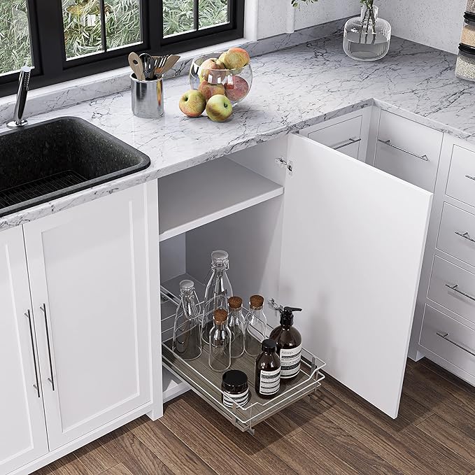 Home Zone Living Pull Out Kitchen Cabinet Organizer with Slide Out Drawer for Space Saving Storage, 14”W x 21”L, Satin Nickel Light Brown Wood Finish