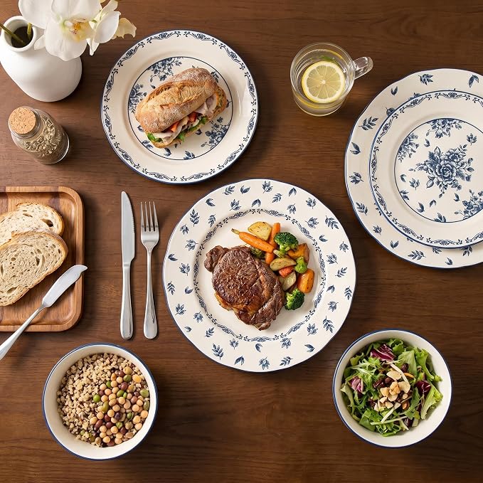 12-Piece Vintage Blue Floral Ceramic Dinnerware Set, Service for 4, Microwave & Oven Safe Plates and Bowls, Porcelain Dish Set for Daily Use
