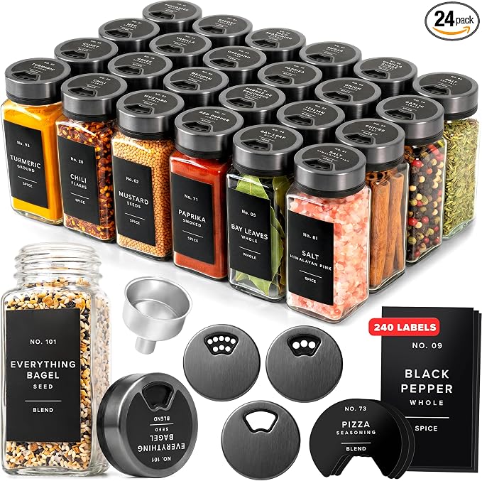 EDELHAUS Glass Spice Jars with Label and Space Gray Rotating Lids (24 x 4oz) Spice Containers with 240 Labels, Shaker Inserts, Steel Funnel, Empty Square Containers