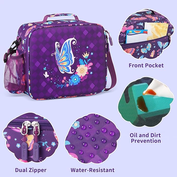 rockpapa Kids Lunch Box Set with 14oz Insulated Water Bottle & Lunch Bag, Leakproof 5.5 Cups Bento Box for School & Children, BPA-Free, Microwave Safe for Boys Girls (Purple Butterfly)