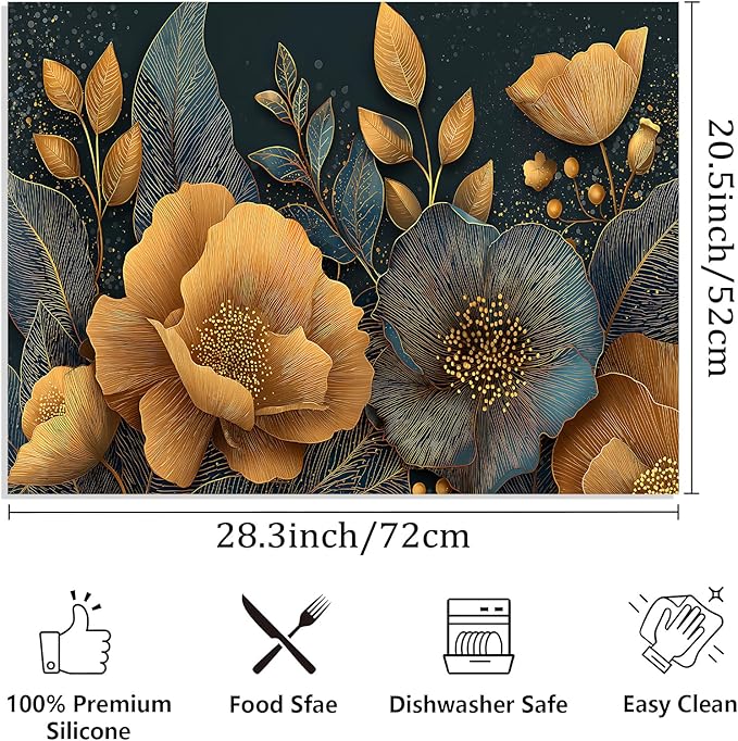 Luxury Floral Stove Top Covers for Electric Stove, 28.3 × 20.5 Inch Heat Resistant Cover, Gold and Navy Botanical Design, Decorative Electric Stove Cover Protector(flowers)