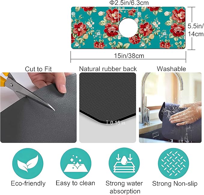 Kitchen Sink Splash Guard Faucet Mat Super Absorbent Fast Drying Mat Sink Gadgets Splash Guard Behind Faucet Drip Catcher for Kitchen (Boho Flowers, 15x5.5in)