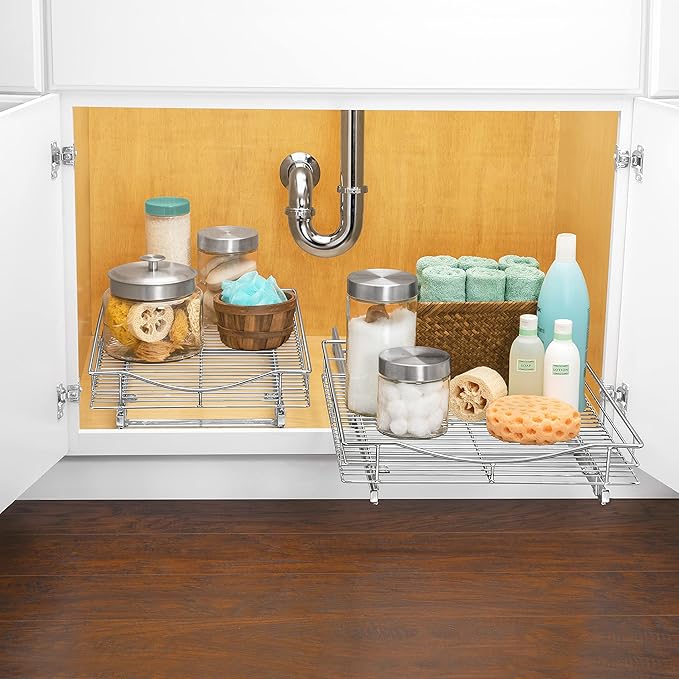 LYNK PROFESSIONAL® Pull Out Cabinet Organizer, 11" x 18" Slide Out Cabinet Organizer Pull Out Drawer – Pull Out Shelves for Kitchen Cabinets – Under Sink Organizers - Lifetime Ltd. Warranty, Chrome