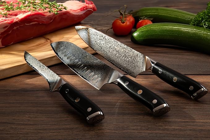 Set of 3 Premium Japanese Damascus Chef Knives – VG10 Steel Core, 67-Layer Razor-Sharp Blades, Full Tang Design with Ergonomic Handles, Presented in a Luxury Natural Wood Gift Box