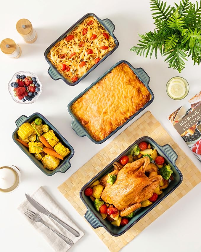 vancasso Ceramic Casserole Dishes for Oven, Reactive Glaze Bakeware Set of 4, Deep Rectangular Baking Dishes with Handles, Lasagna Pan Set, Microwave & Dishwasher Safe, Green (9.4"/11.1"/12.2"/14.7")