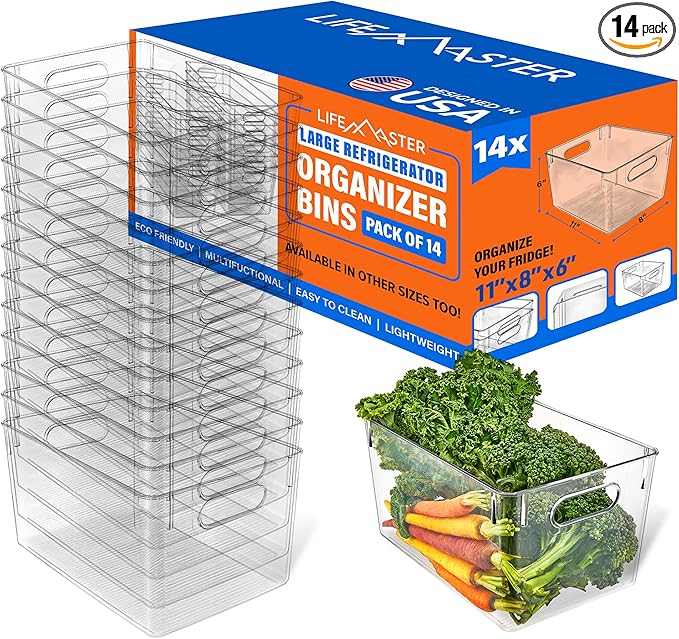 Lifemaster Stackable Refrigerator Bins - Set of 14 Large Capacity Organizers with Easy Grip Handles - Clear and Versatile for Kitchen Storage