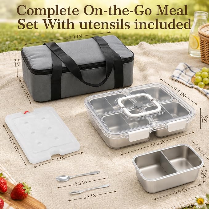 Snackle Box Container with Ice Pack, 304 Stainless Steel Snackle Box Set | 4-piece set, stainless steel, ice pack, insulated bag, fork & spoon, customizable divider system, flexible configuration
