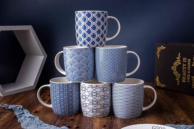 Set of 6 11.5 oz Coffee Mugs with Blue and White Geometric Patterns, Ceramic Tea Cup Set