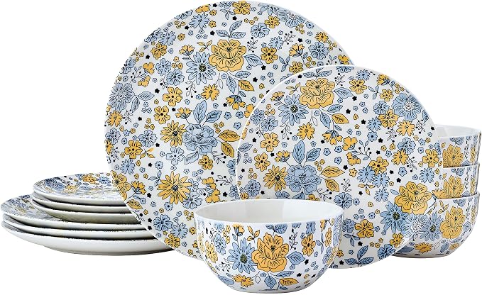 Pfaltzgtraff Vibrant Garden 12 Piece Floral Stoneware Dinnerware Plate Bowl Dish Set, Service for 4