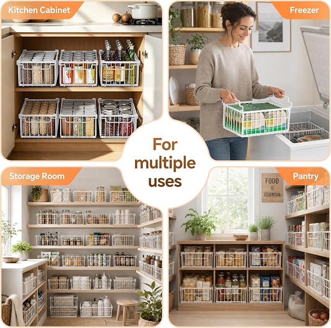 Freezer Organizer Bins, Enlarged Stackable Deep Chest Freezer Organizer Bins, Foldable Baskets with Handles, Storage Container Baskets for 5 to 9 Cu.FT Deep Freezer Sort Frozen Meats (white 3 pack)