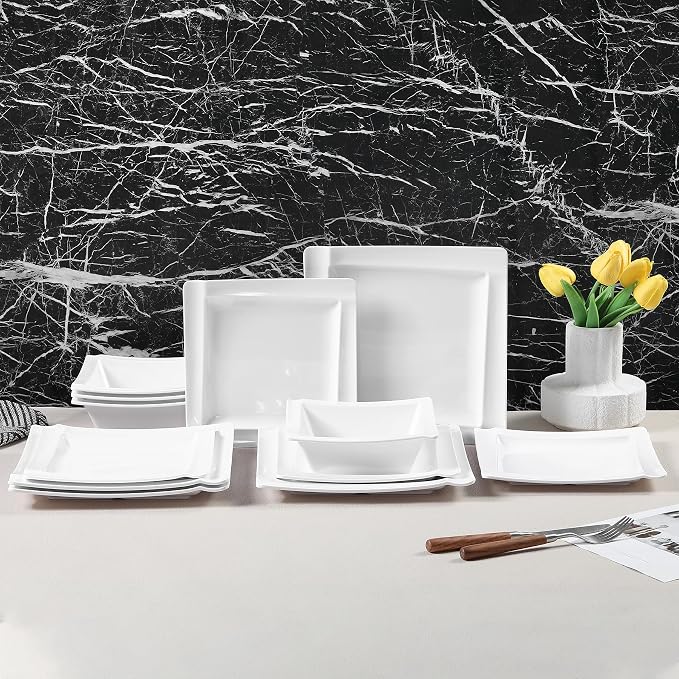 Square Melamine Dinnerware Sets of 12 Pcs,Square Plates and Bowls Sets,Unbreakable Dish Set for 4,Lightweight, Dishwasher Safe and BPA Free,Suit for RV,Camping（White）