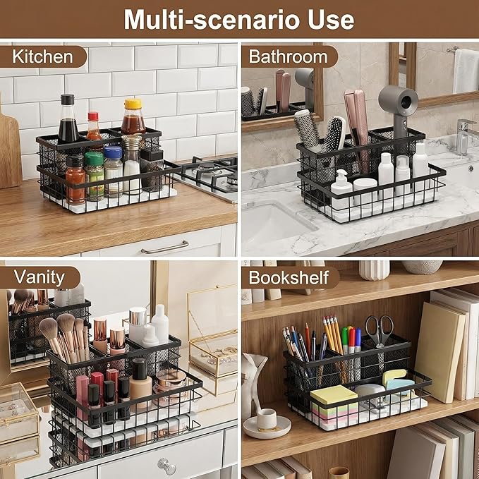 AceOrbit 2 Pcs 1pcs Hair Tool Organizer Countertop Breathable Metal Bamboo Hot Tools Vanity Organizer Under Sink Bathroom Hair Dryer Holder Countertop Brush Comb Holder Tray (White Bamboo,Black)