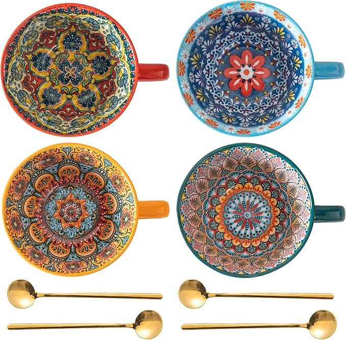 Boho Coffee Mug Set of 4 with Coffee Spoon, Ceramic Large Cups 15 oz/ 450ml, Porcelain Cups for Latte, Tea, Cappuccino, Cocoa, Soup, Dishwasher Microwave Safe, Gift Set Bohemian Style