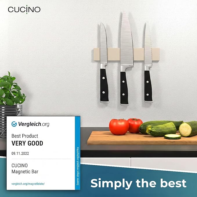 CUCINO Magnetic Knife Holder for wall, 10" no drilling required, includes self-adhesive tape, extra strong for holding knives – Awarded magnet strip – Beige Rubber