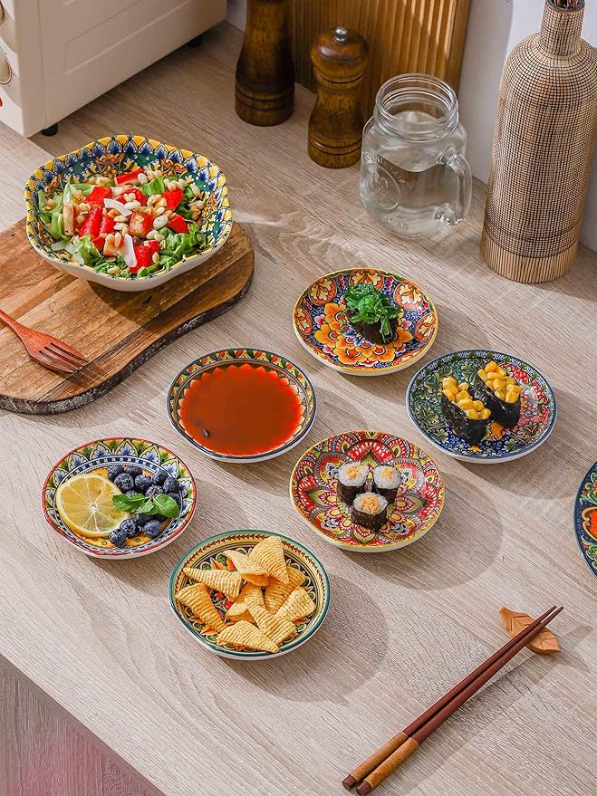 Henten Home Ceramic Spoon Rest for Stove Top, Bohemia Porcelain Spoon Holder Set of 6, Colorful Appetizer Plates for Sushi, Snack, Dishwasher & Microwave Safe