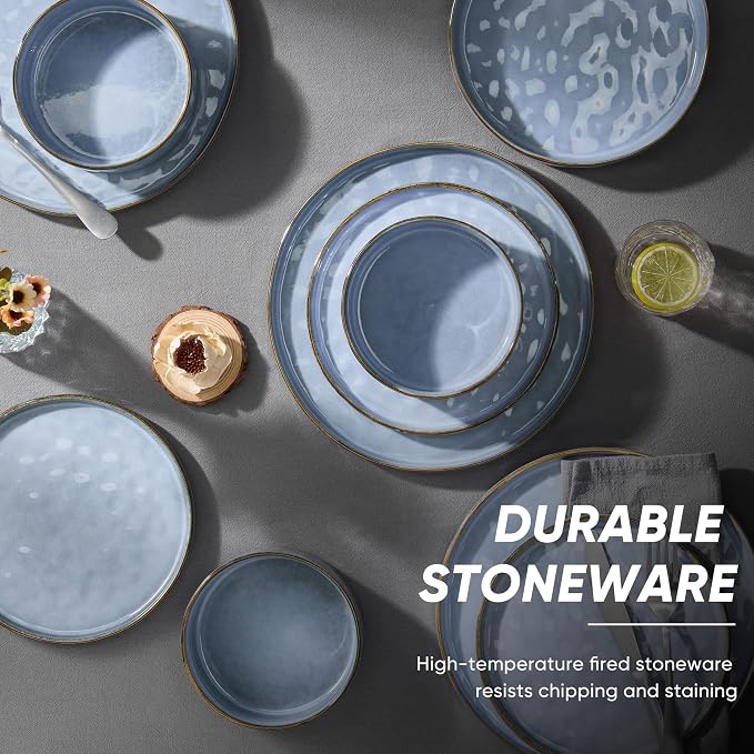 E-far 24-Piece Plates and Bowls Sets with Pasta Bowls - Stoneware Dinnerware Set for 6, Modern Ribbed Dishes, Microwave & Dishwasher Safe, Reactive Blue