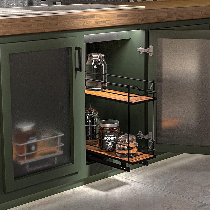 Home Zone Living Pull Out Kitchen Cabinet Organizer with 2 Tiers of Storage for Easy Access, 7.5”W x 20”D, Matte Black with Dark Brown, Virtuoso Collection