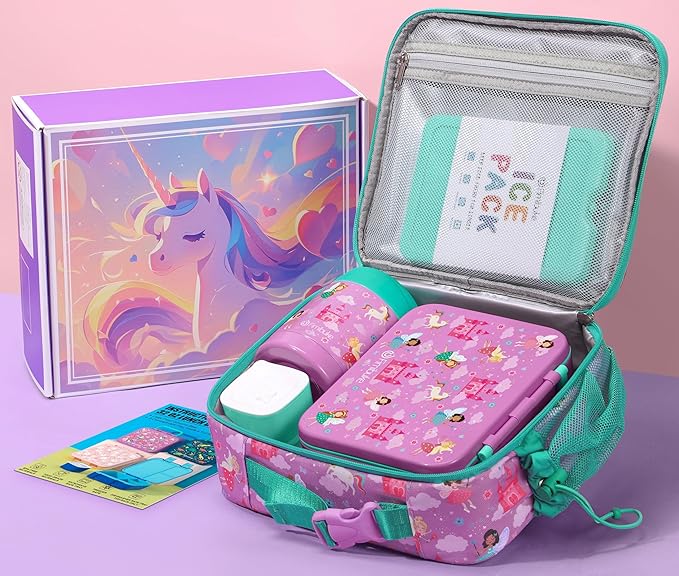 Fimibuke Bento Lunch Box for Kids with Food Jar, 3-Compartment 32OZ Snack Lunch Container, Lunch Bag, 12OZ Insulated Food Jar & Ice Pack Set for Age 3-12 School Daycare Toddler Teen Girls Boy, Fairies