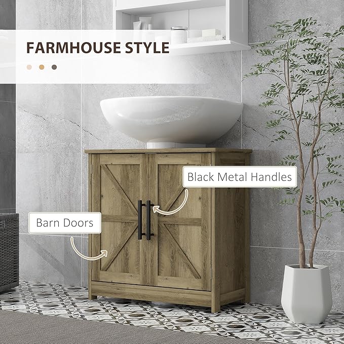 HOMCOM Pedestal Sink Storage Cabinet, Farmhouse Freestanding Bathroom Sink Cabinet with 2 Barn Doors and Adjustable Shelf, Distressed Light Gray